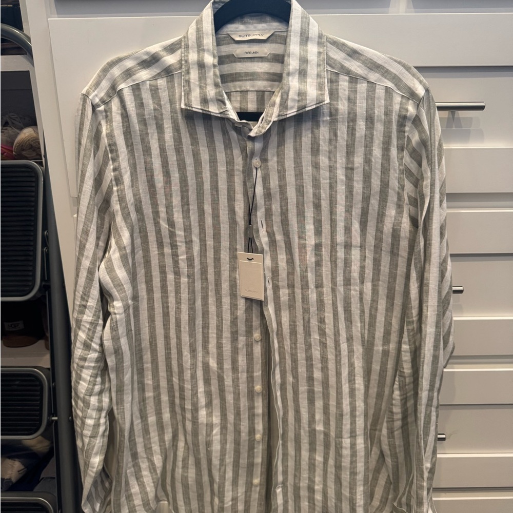 Suitsupply Men’s Linen Striped Button Down Size 16/16.5 Slim NWT